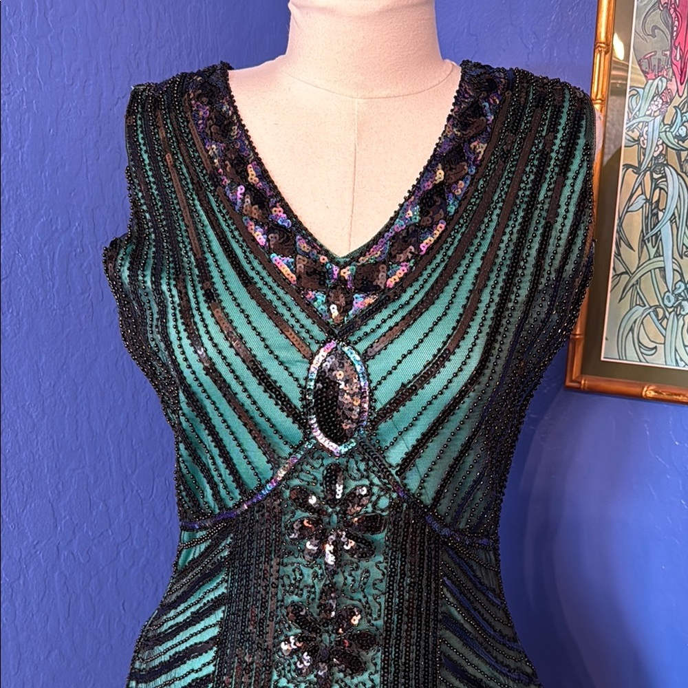 Teal and black beaded flapper dress